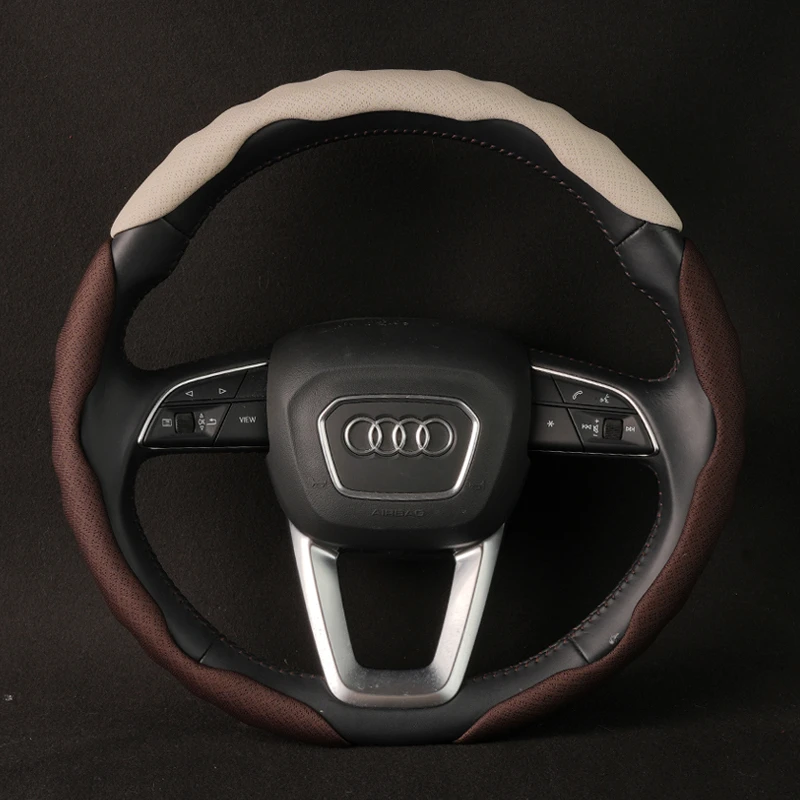 棕色拼色夏季冰丝汽车方向盘套吸汗防滑耐磨把套舒适透气四季通用