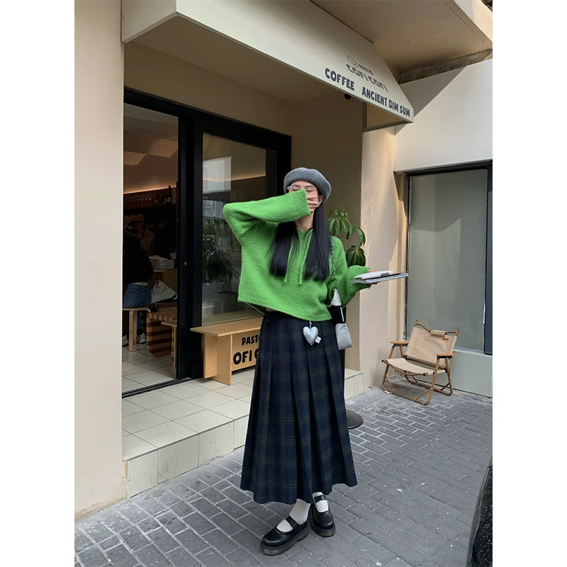 MOWENTI文文婷 绿色长款格子半身裙女秋冬新款裙子高腰百褶a字裙