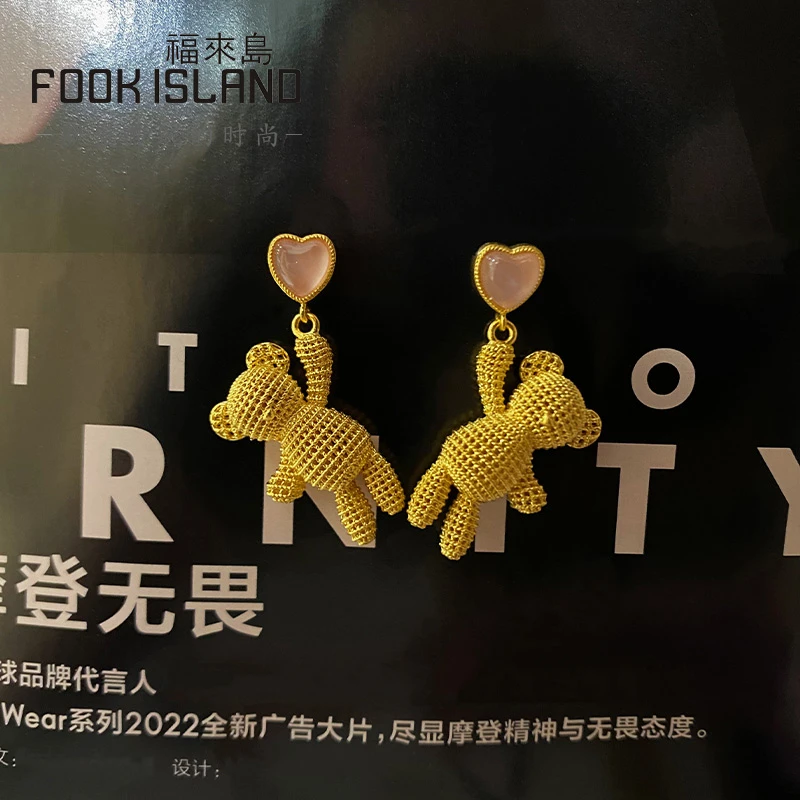 福来岛黄金耳钉告白小熊粉晶耳环足金时尚女古法金足金计价首饰新