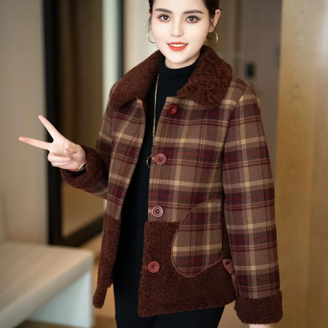 【红窗品牌】妈妈装冬中老年装格子加绒加厚休闲气质保暖短外套802