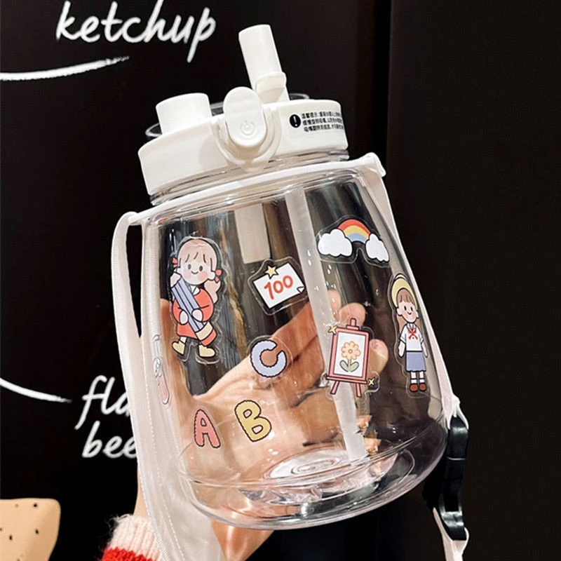 网红大容量大肚塑料杯可爱创意吸管水杯学生背带卡通水壶礼品杯子