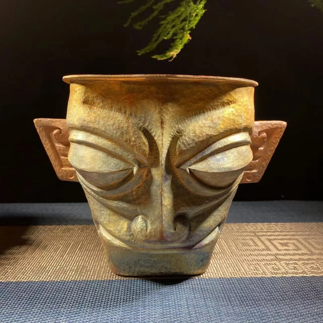 铜器 紫铜建水 致敬三星堆人面像 纯手工紫铜茶渣桶 废水盂