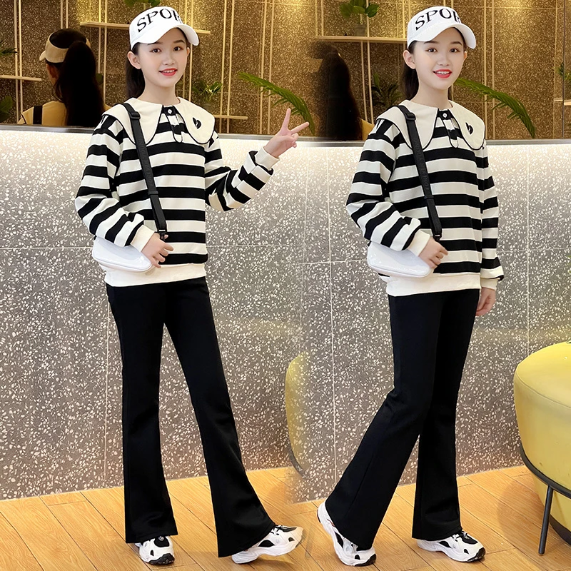 女童春秋季套装卫衣女孩中大童洋气春装2025新款儿童秋冬条纹套装