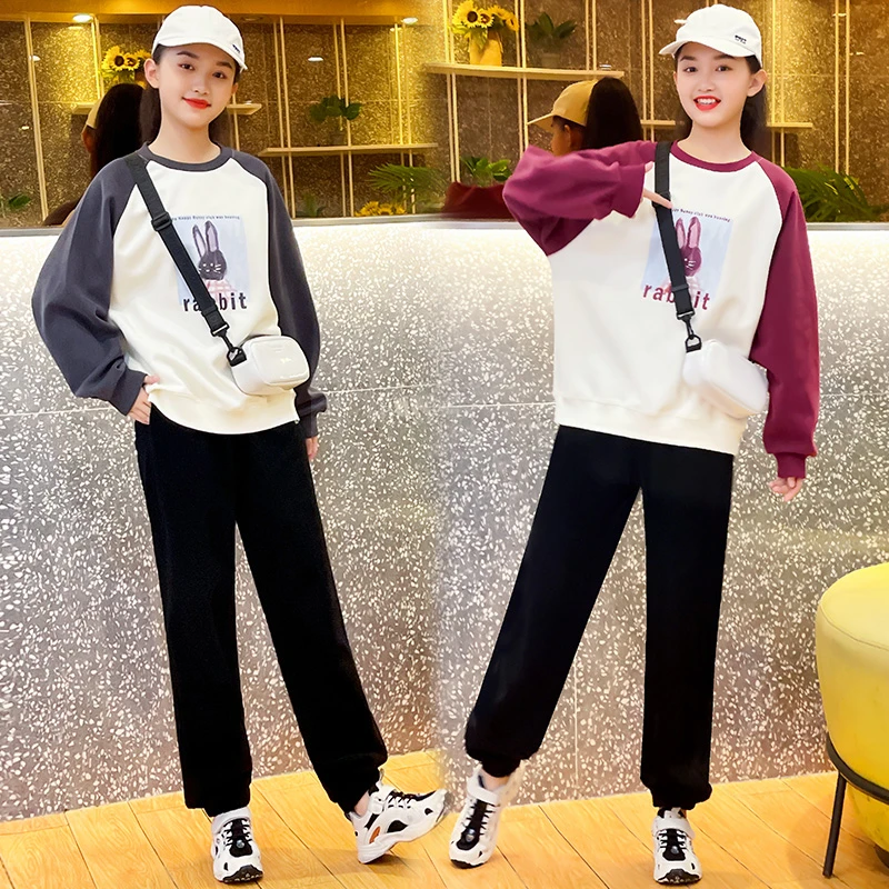 女童秋装套装2024新款洋气女孩中大童印花卫衣运动裤春秋时髦套装