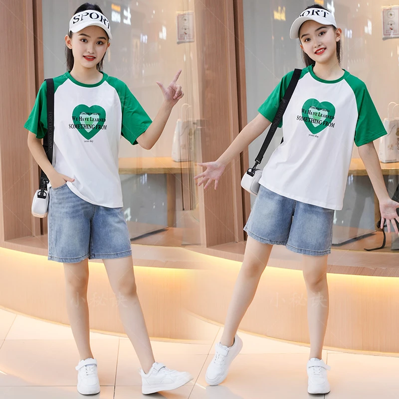 女童短裤套装2024新款中大童学生印花T恤牛仔短裤休闲时尚两件套