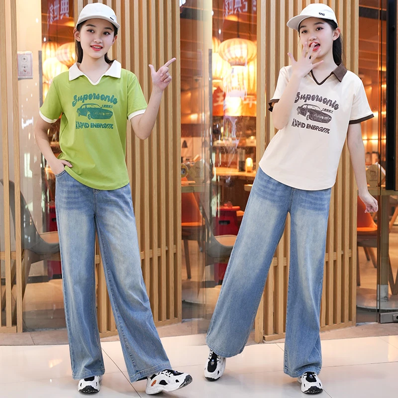 女童夏季套装2025新款学生女孩学院风中大童翻领T恤阔腿裤套装