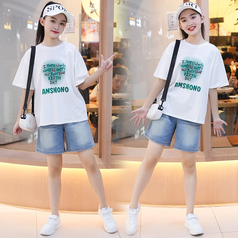 女童夏装套装2024新款洋气时髦中大童女孩短袖牛仔短裤休闲两件套