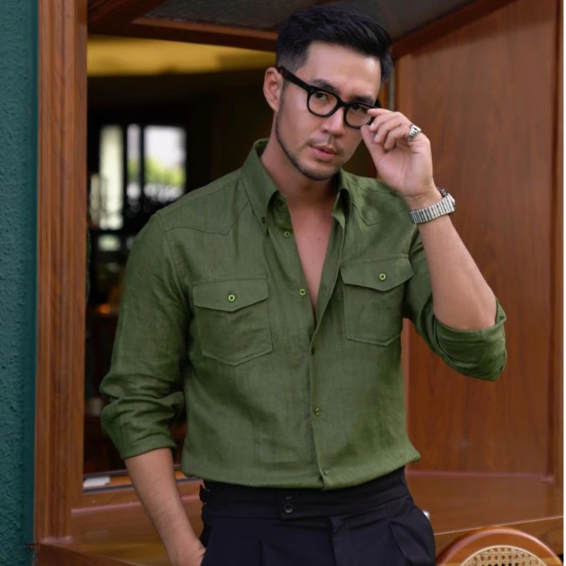 ZP WANG高级雅痞风军绿色户外亚麻衬衫复古男士翻领长袖春秋衬衣