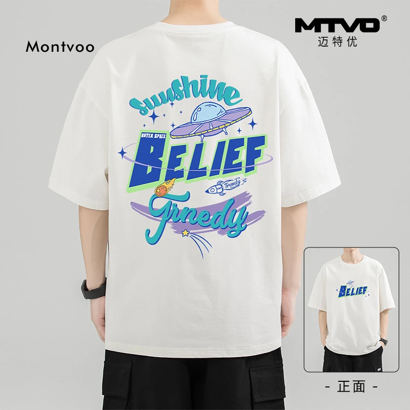 夏季纯棉宽松印花青春短袖t恤港风潮流圆领五分袖休闲半袖XH  283