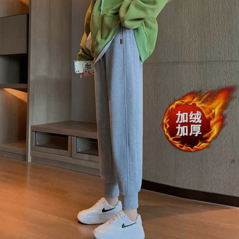 秋冬加绒加厚休闲裤女宽松大码百搭运动裤卫裤高腰显瘦哈伦裤长裤