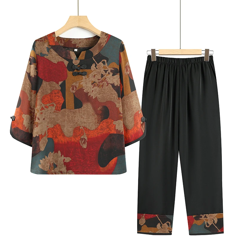 妈妈装夏装薄款两件套中老年人女装中袖宽松夏季套装中国风衣服
