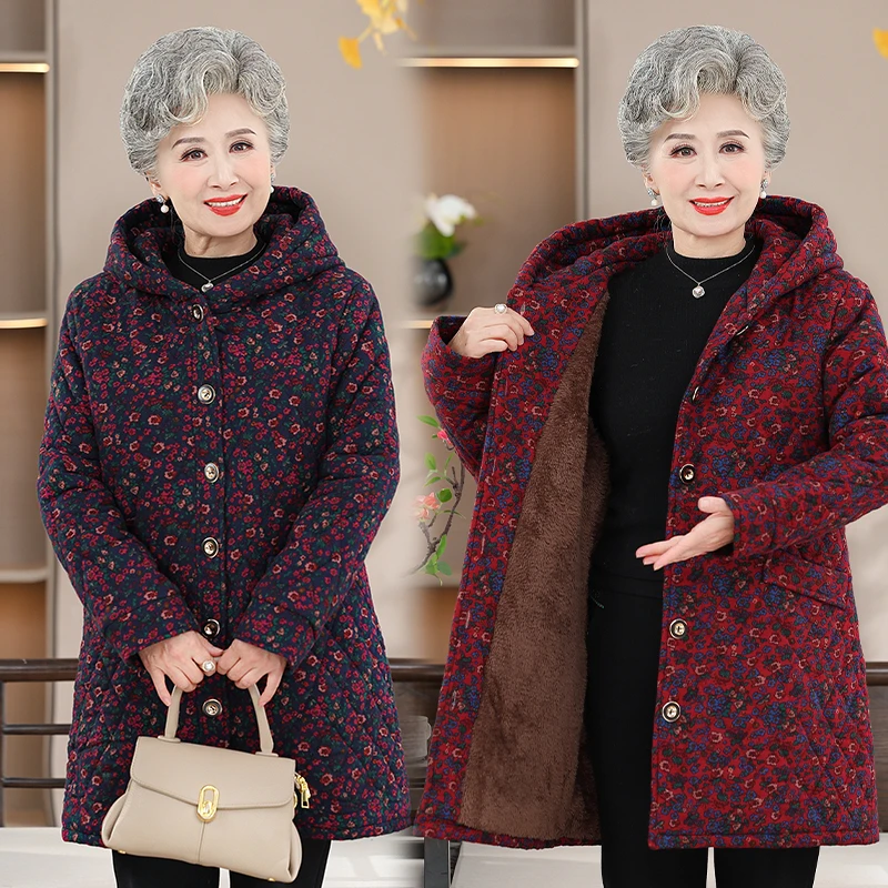 老太太中长款加绒加厚棉衣中老年女装冬装新款连帽保暖奶奶棉袄