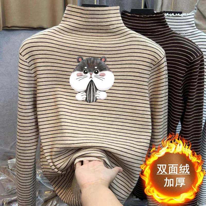 男女童条纹半高领长袖T恤秋冬季加绒厚内搭打底衫中大童保暖上衣