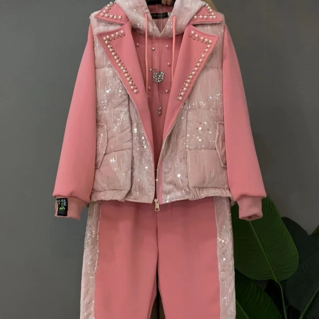 新款大码女装时尚休闲重工钉珠加绒马甲三件套装