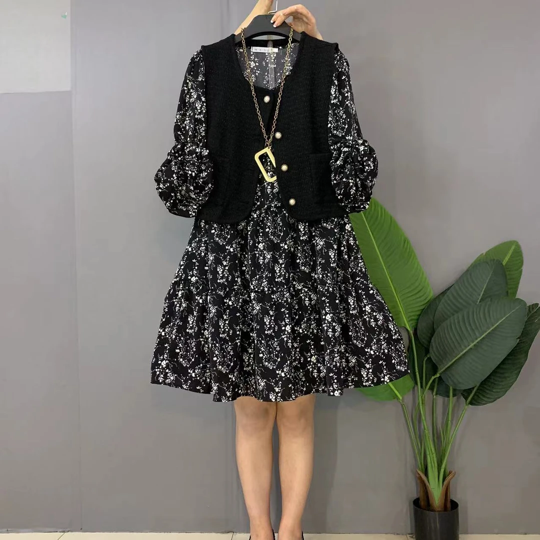 早秋新款大码女装时尚宽松韩版遮肉连衣裙十马甲两件套套装