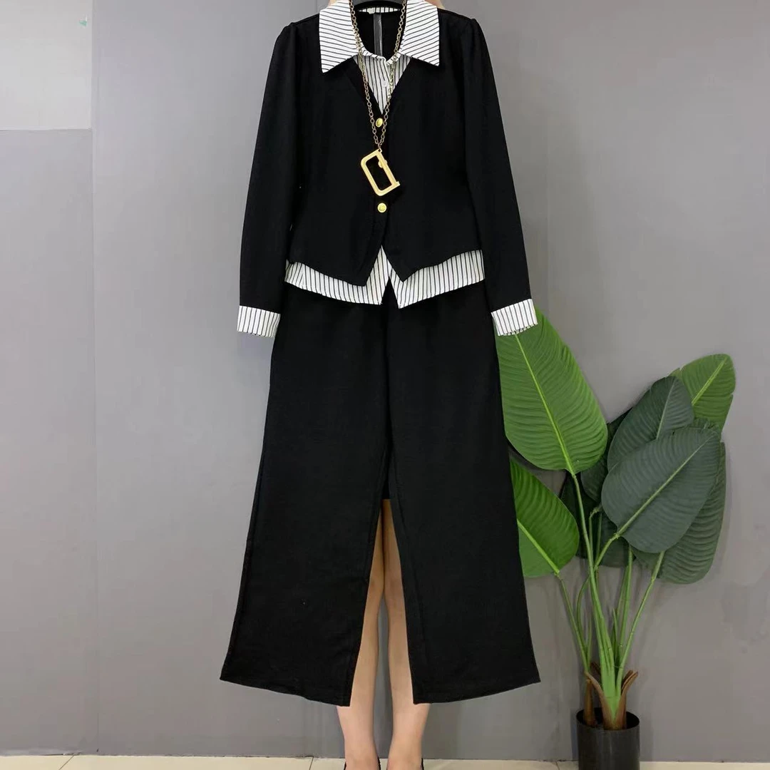早秋新款大码女装时尚气质假两件上衣十裤子两件套套装
