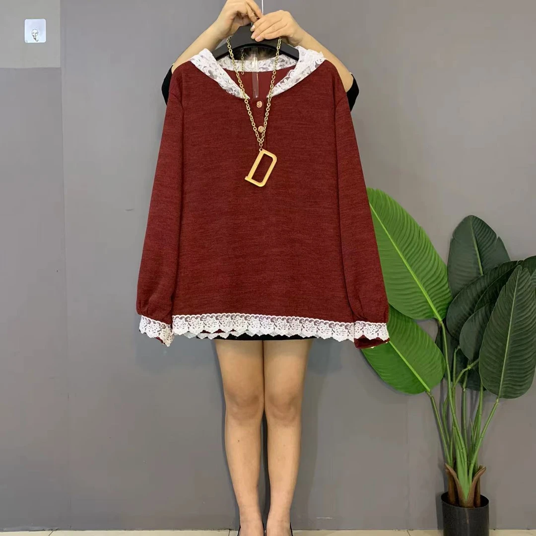 新款大码女装时尚宽松洋气蕾丝边百搭连帽卫衣