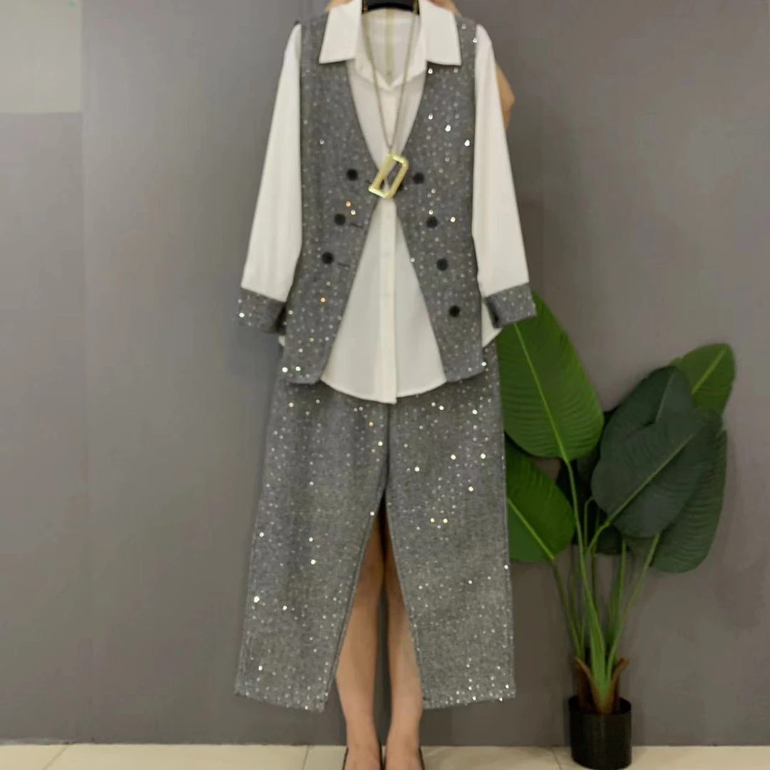 新款大码女装时尚休闲亮闪闪马甲三件套套装