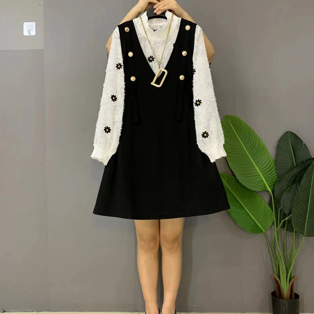 新款大码女装时尚洋气马甲裙雏菊花两件套套装