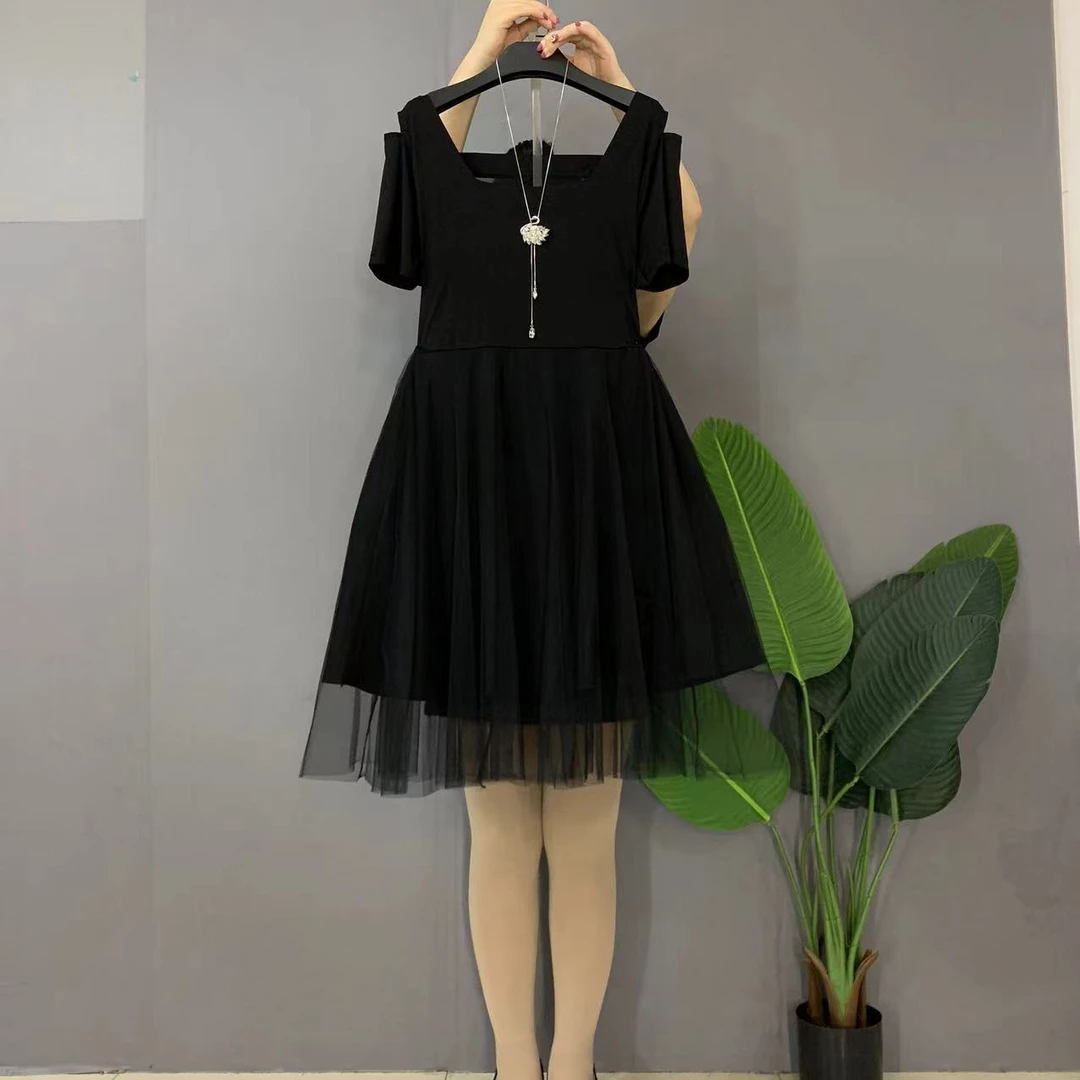 2024新款大码女装时尚洋气方领蝴蝶结设计露肩拼接网纱连衣裙