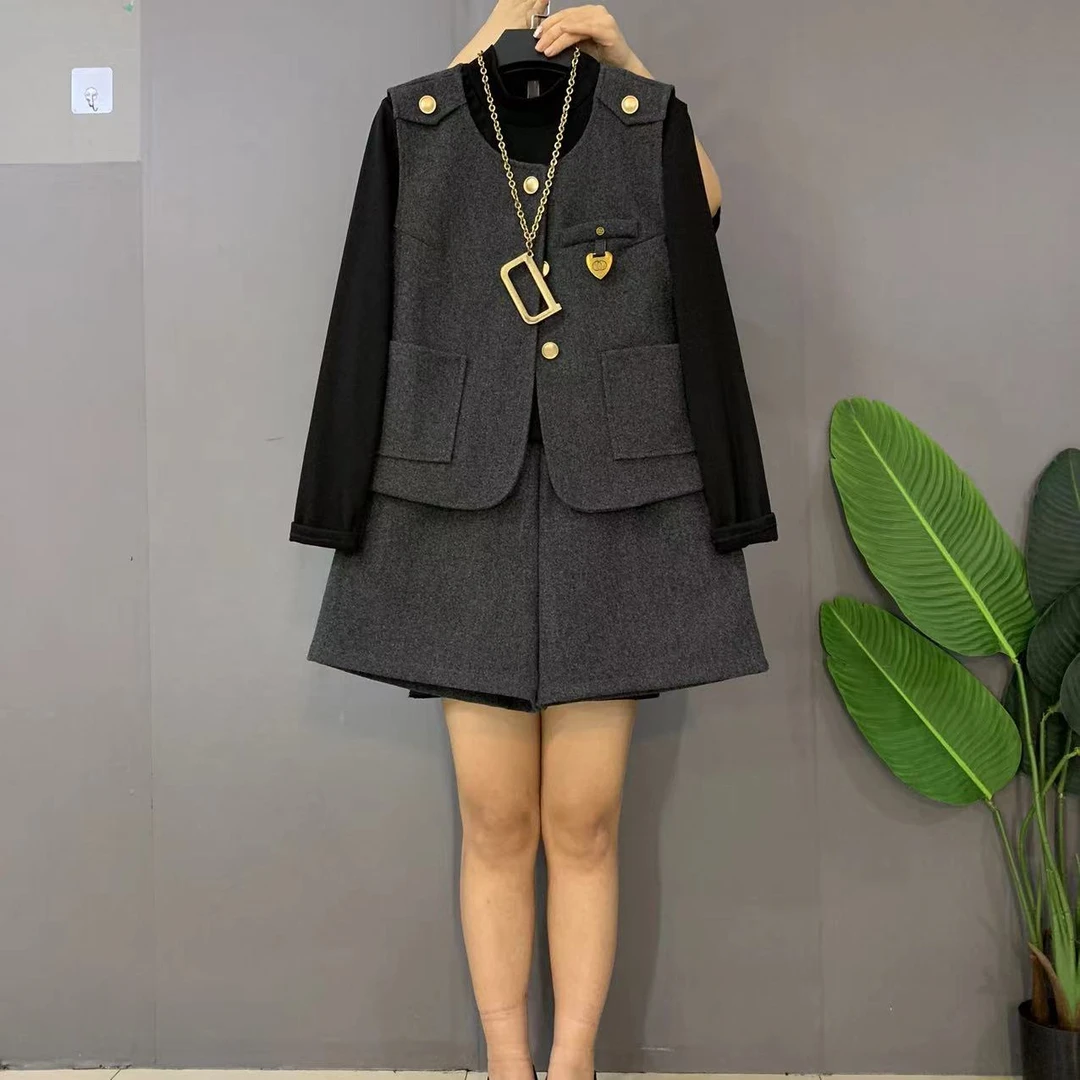 新款大码女装时尚洋气马甲短裤三件套套装