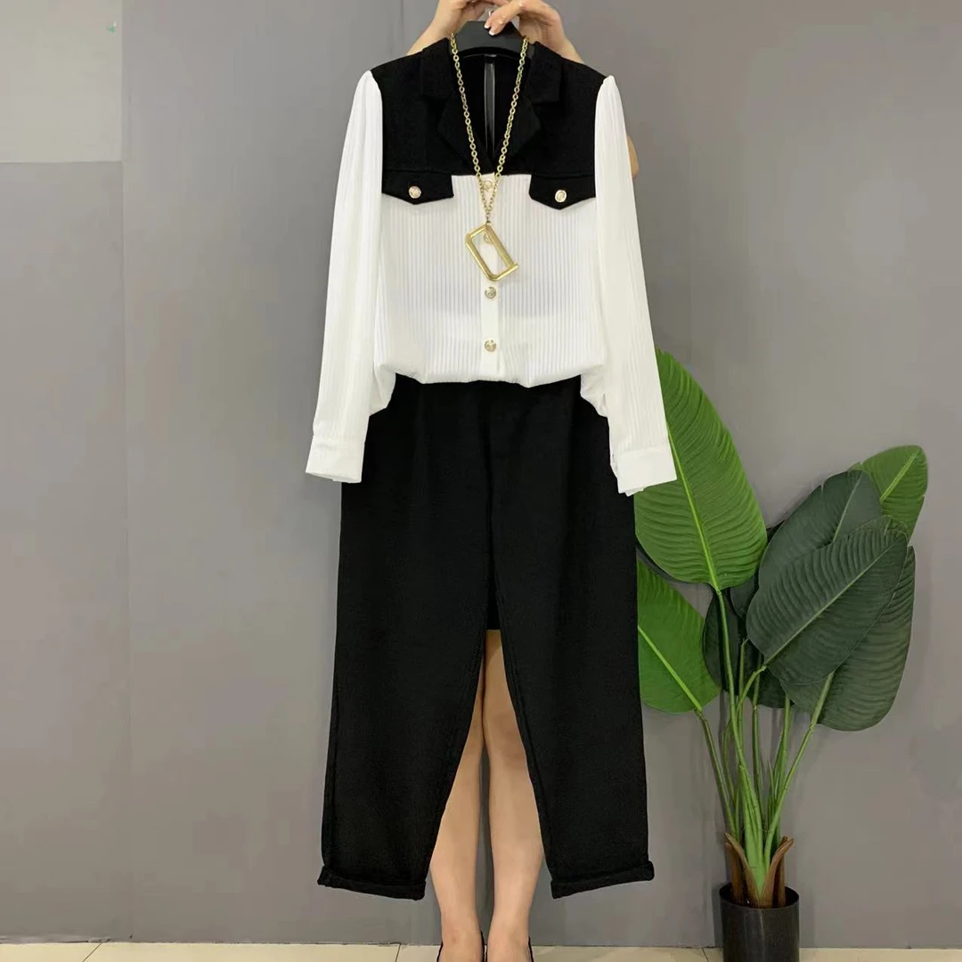 早秋新款大码女装时尚洋气拼接设计高级感显瘦套装