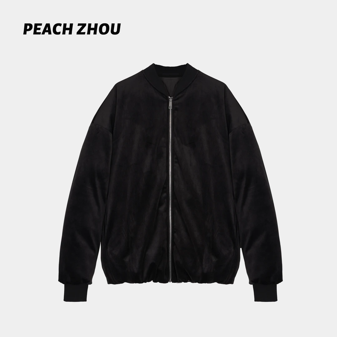 『PEACHZHOU』丝绒三角标宽松棒球立领拉链棉服休闲百搭高级感外套