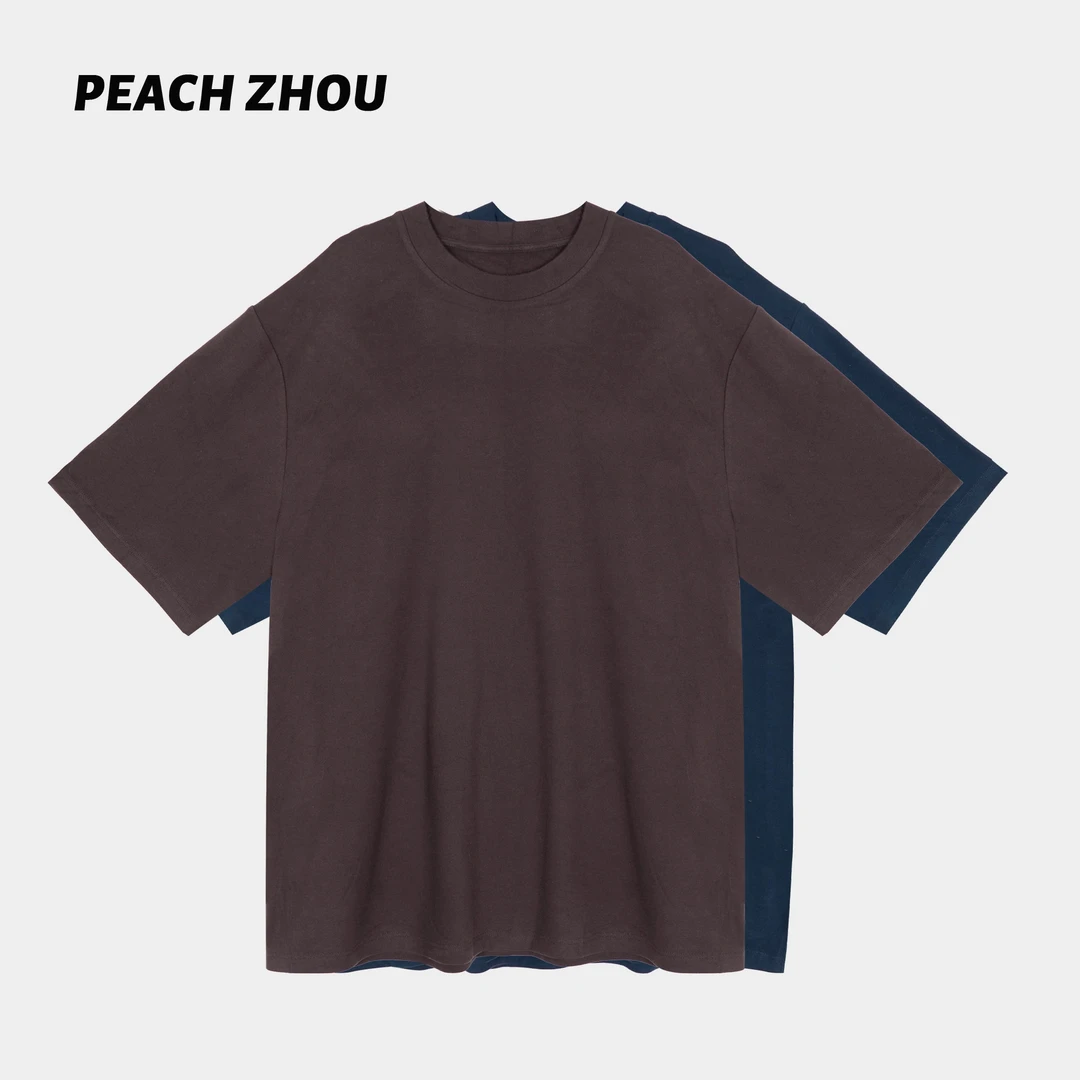 『PEACHZHOU』蛋白羊绒双面磨毛宽松圆领廓形短袖休闲百搭高级感T恤