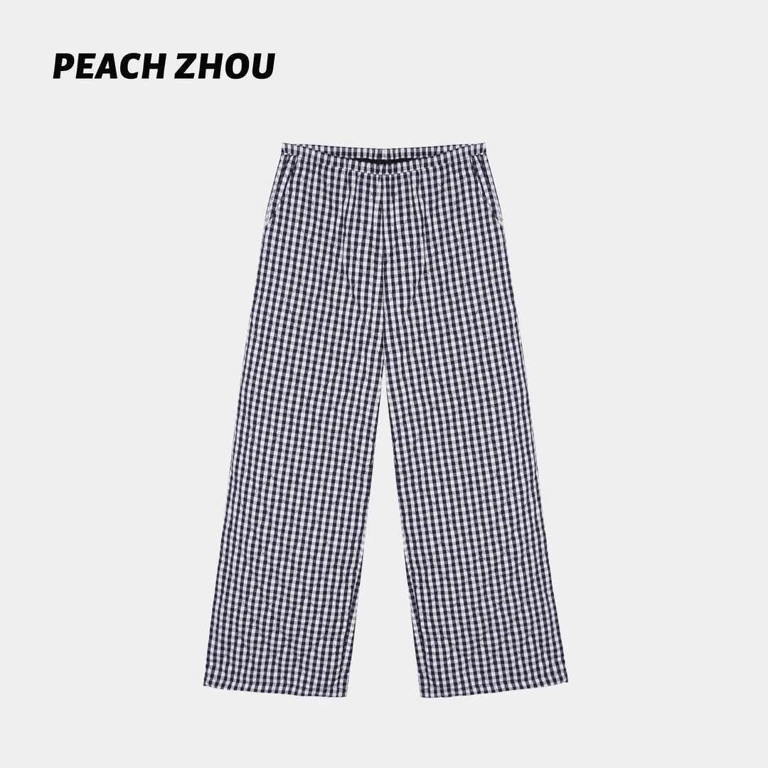 『PEACHZHOU』细格子菱格绗线夹棉宽松直筒休闲裤松紧腰阔腿棉裤女