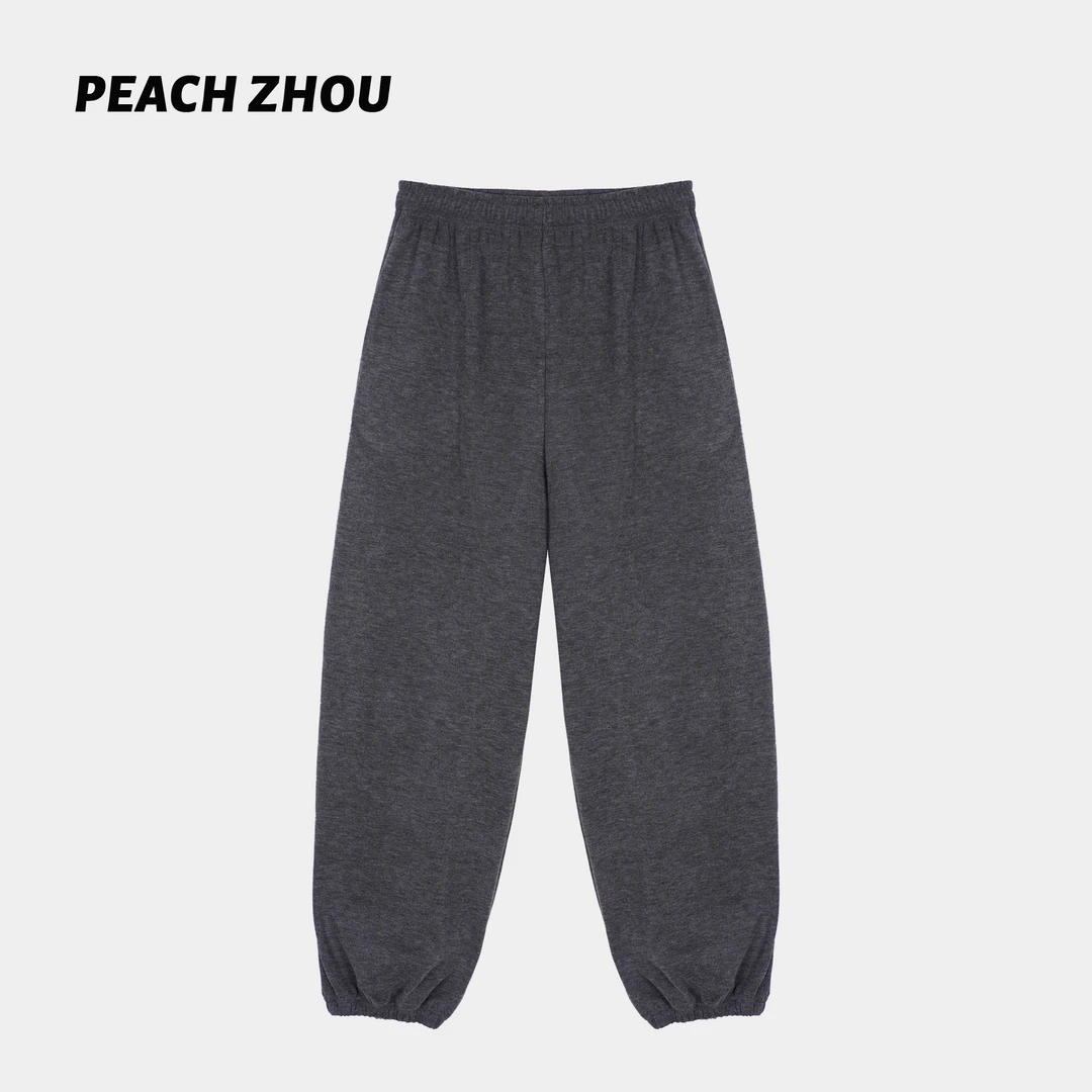 『PEACHZHOU』毛织简约加绒香蕉裤宽松直筒休闲束脚卫裤松紧腰长裤