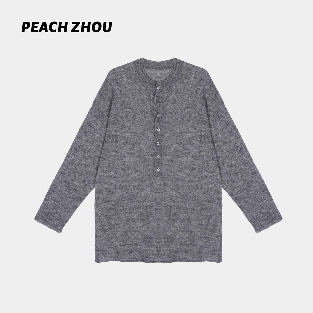 『PEACHZHOU』马海羊毛混纺亨利领宽松针织衫简约休闲百搭慵懒毛衣