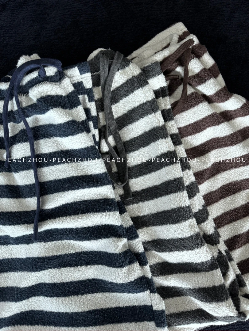 『PEACHZHOU』毛巾布撞色横条纹宽松直筒休闲裤松紧腰慵懒阔腿长裤