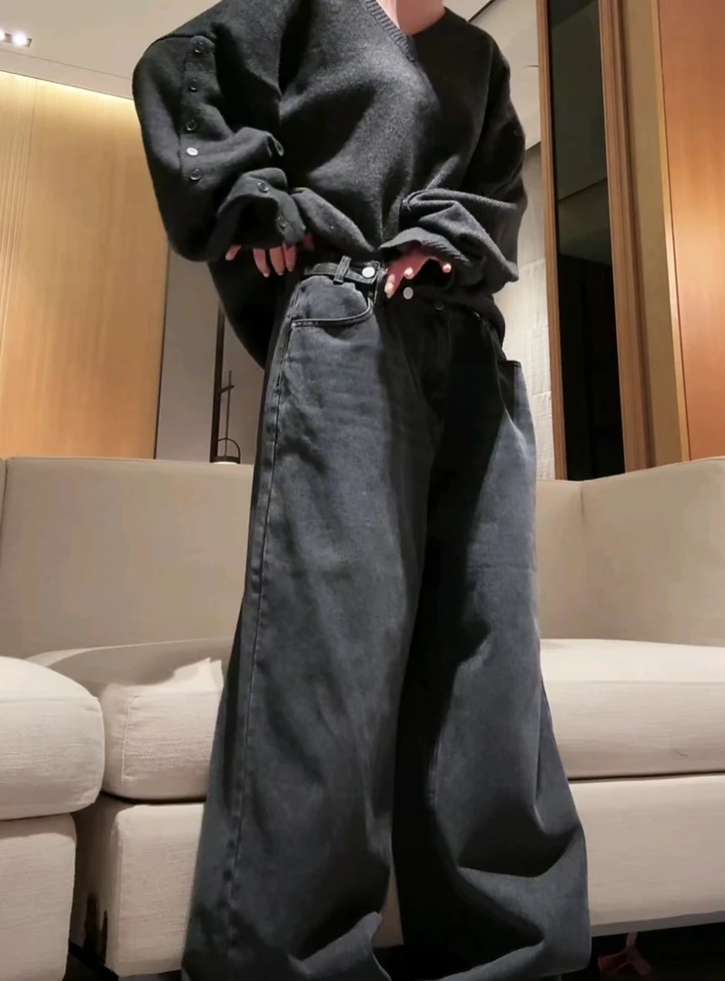 『PEACHZHOU』腰头调节纽扣水洗磨白宽松直筒牛仔裤休闲百搭阔腿裤