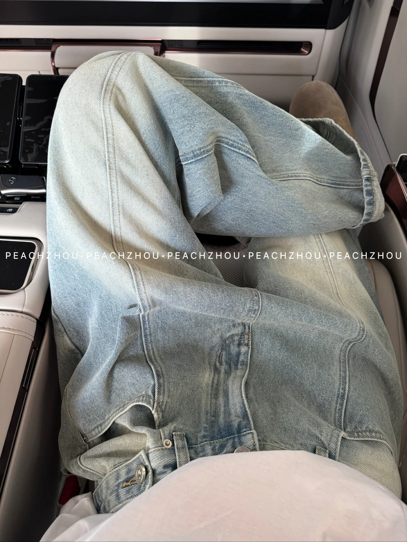 『PEACHZHOU』中线调节纽扣水洗磨白宽松直筒牛仔裤休闲百搭阔腿裤