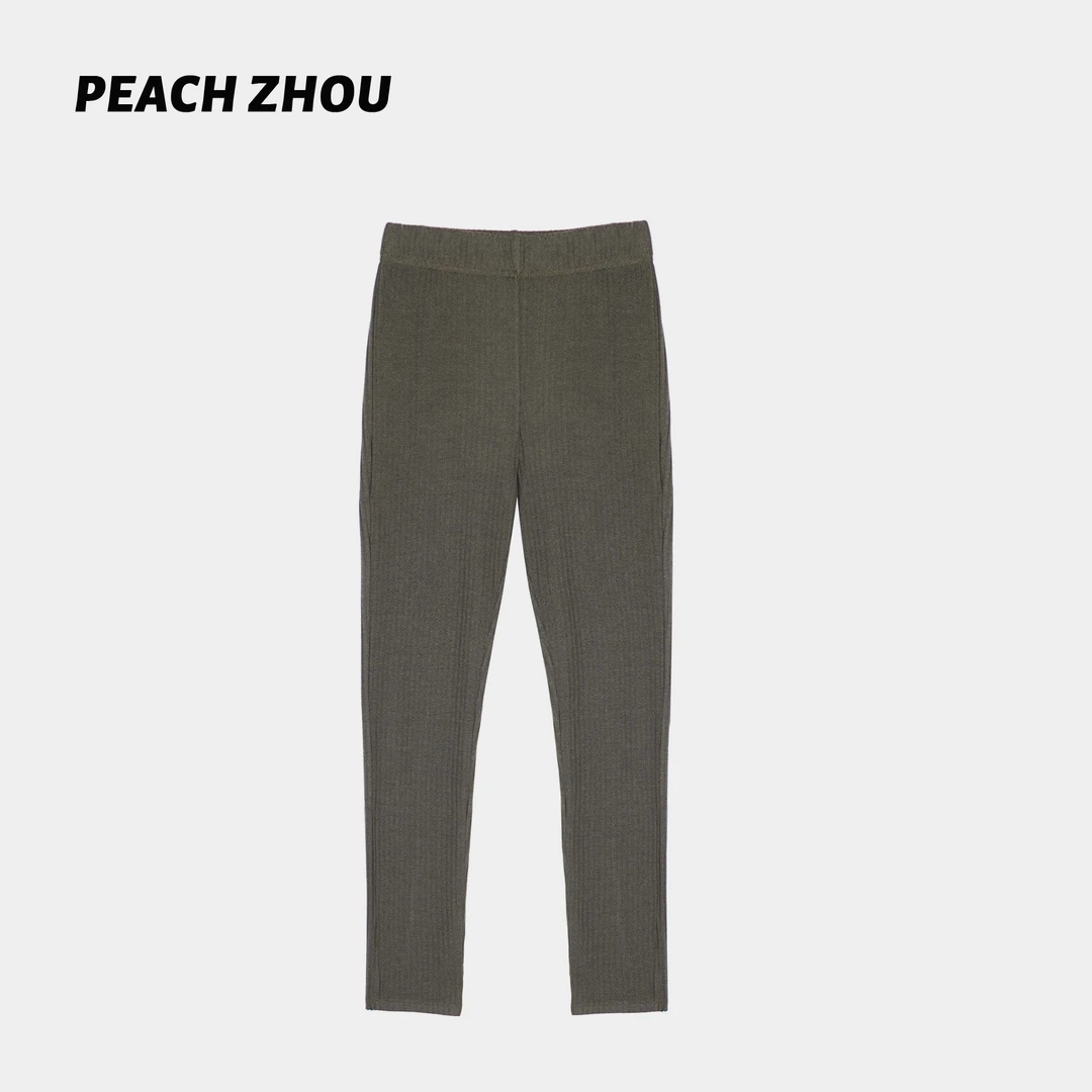 『PEACHZHOU』欧洲棉坑条筷子腿显瘦直筒针织休闲裤百搭松紧腰长裤