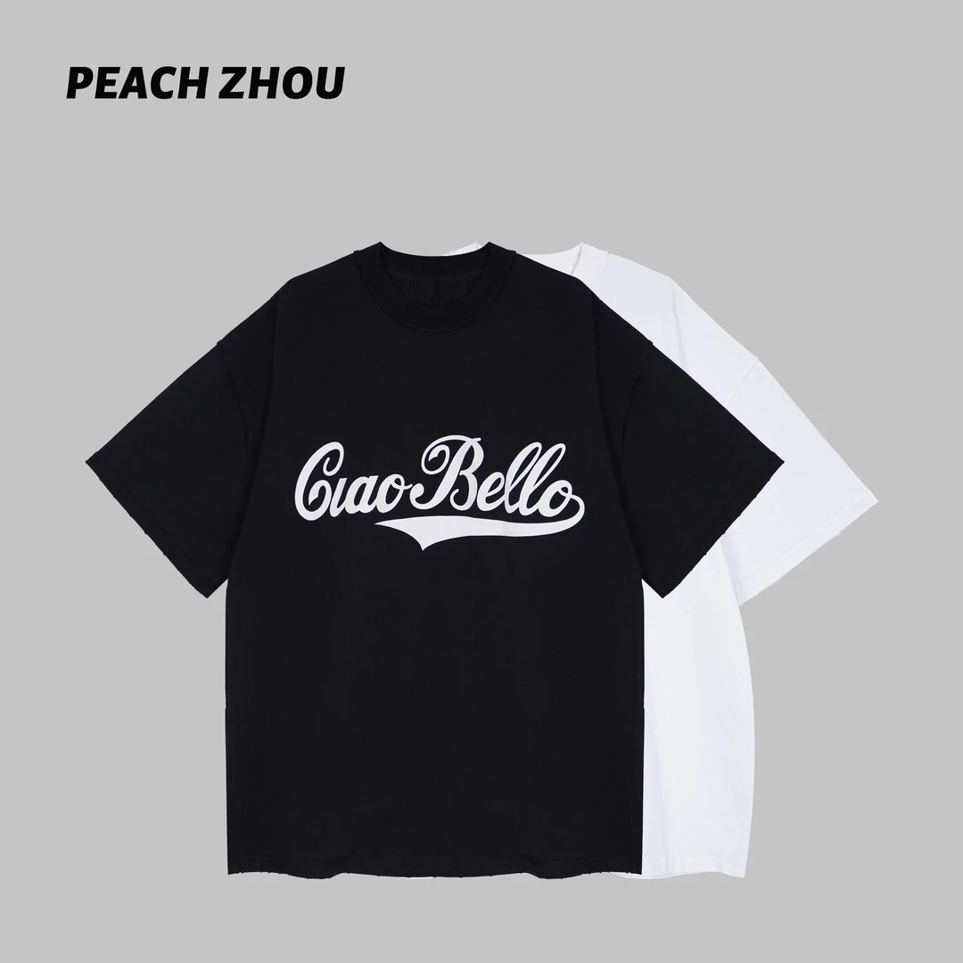 『PEACHZHOU』反做磨破字母印花宽松圆领廓形短袖美式休闲中性T恤