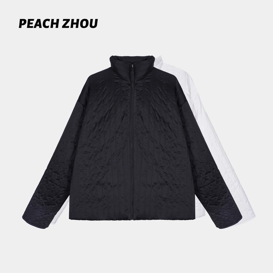 『PEACHZHOU』缎面竖条褶皱宽松立领拉链外套休闲百搭保暖中性棉服