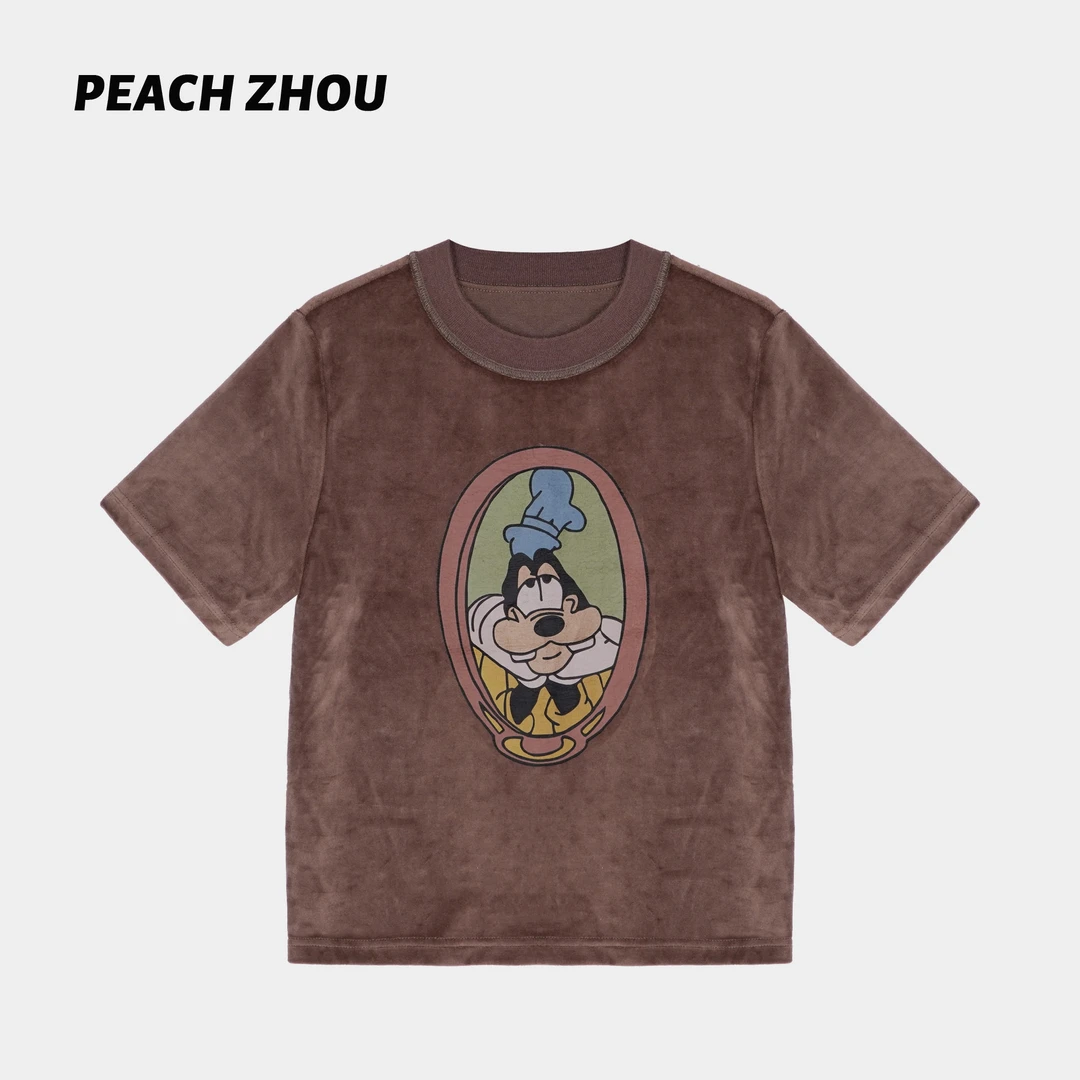 『PEACHZHOU』高飞卡通印花天鹅绒正肩宽松圆领T恤休闲减龄内搭短袖