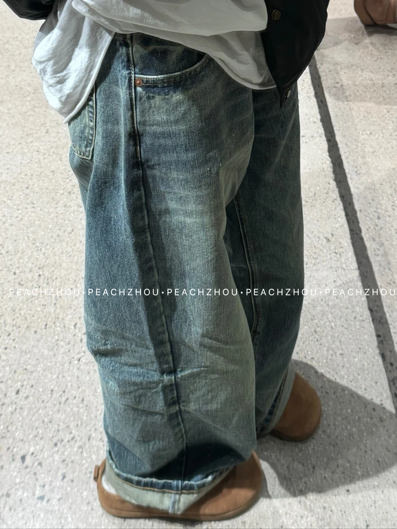 『PEACHZHOU』美国康龙丹宁水洗宽松直筒牛仔裤高士线休闲阔腿长裤