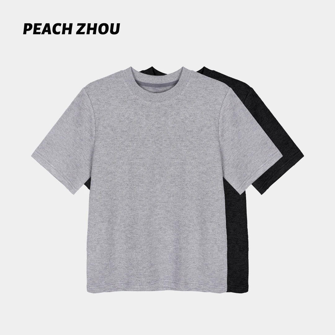 『PEACHZHOU』羊绒银丝正肩宽松圆领针织T恤衫休闲百搭通勤质感短袖