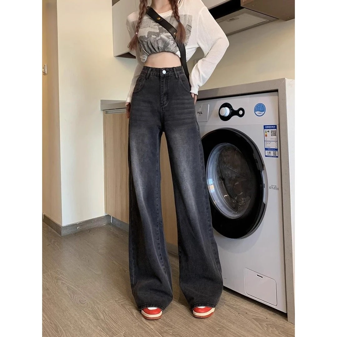 145小个子复古水洗黑灰色阔腿牛仔裤女新款高腰宽松直筒拖地长裤