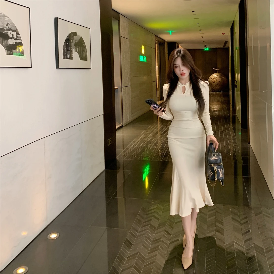 【高智姐感】7305长款加绒收腰鱼尾显瘦名媛打底保暖旗袍国风连衣裙