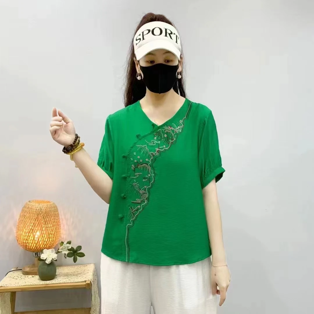 夏季女装衬衫妈妈装中国风盘扣天丝棉麻短袖休闲大码宽松T恤V领衫