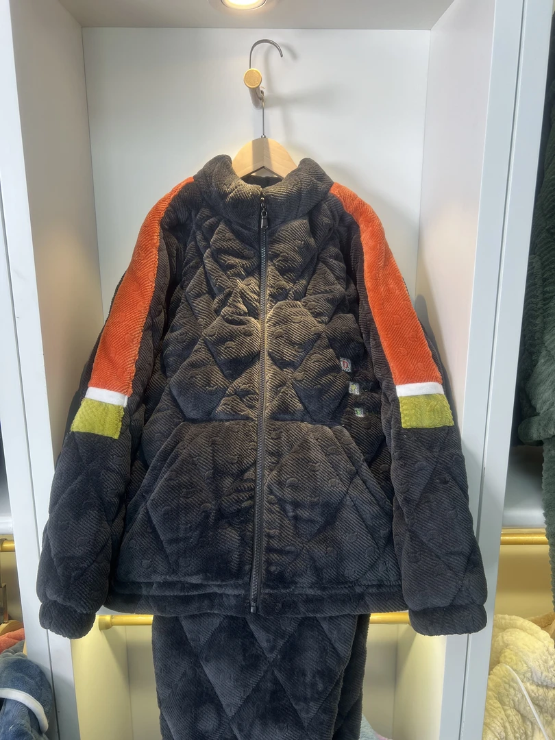 冬季男款男大童三层加绒加厚立领睡衣家居服套装