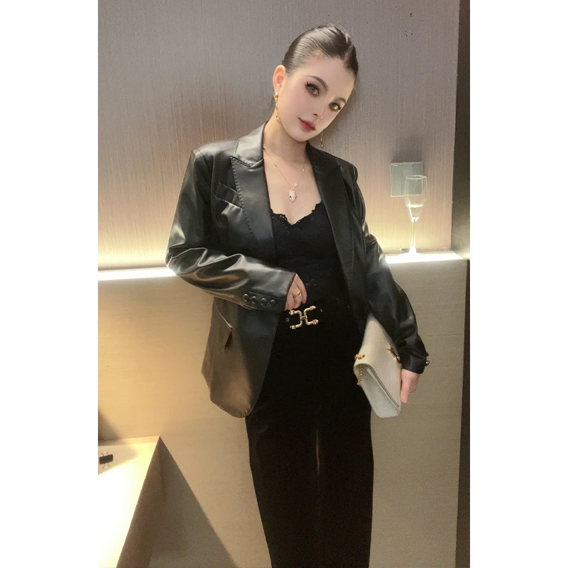 翻领光板收腰皮衣外套WT26754