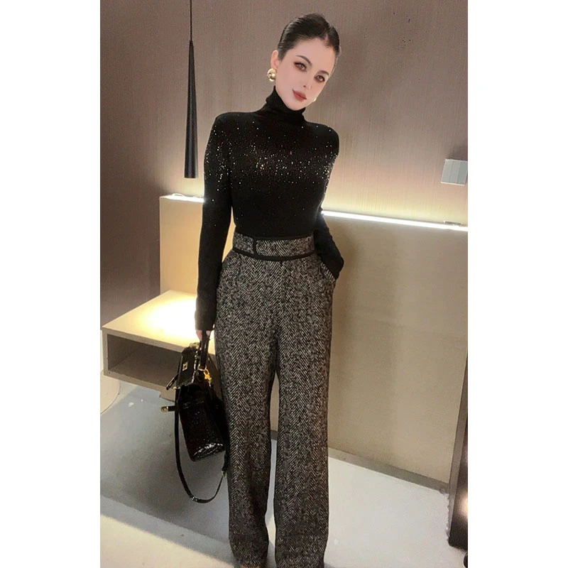 （特价-原创）高腰人字纹阔腿裤K30150