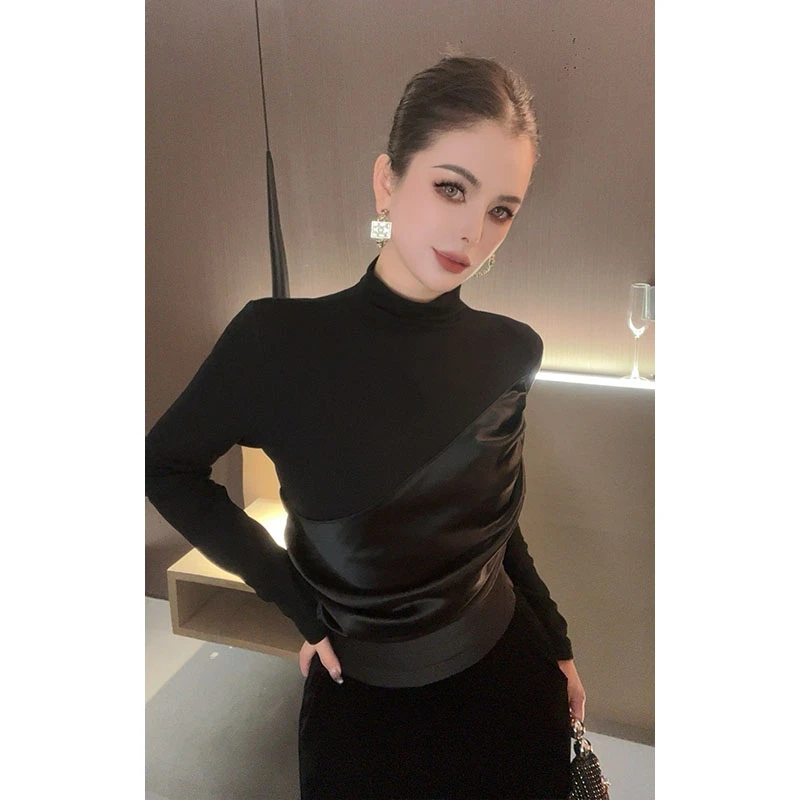 （C哥自制）中领缎面拼接长袖打底衫CS30084