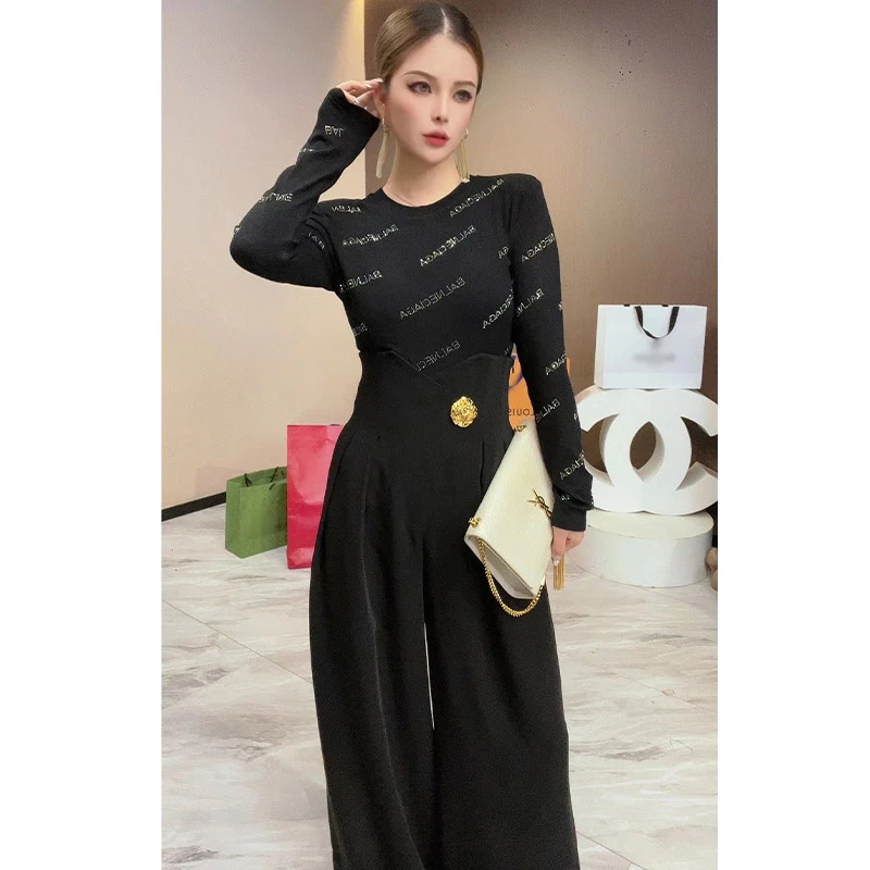高腰重工金扣阔腿裤K23707