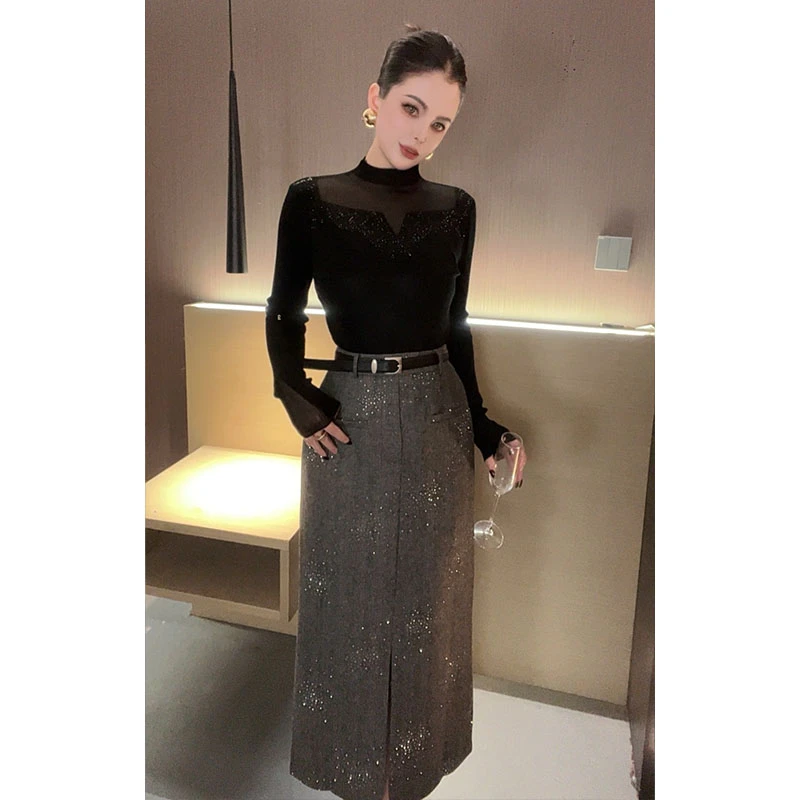 （配腰带）重工烫钻前开叉半身裙Q30017