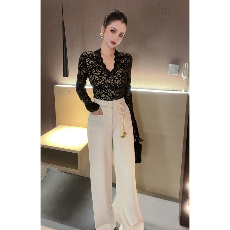 （配腰带）高腰前口袋阔腿裤K30127